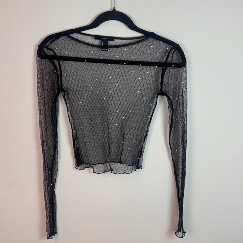 Forever 21 Womens‎ Black Sheer Mesh Studded Long Sleeve Top Sm Whimsigoth Grunge